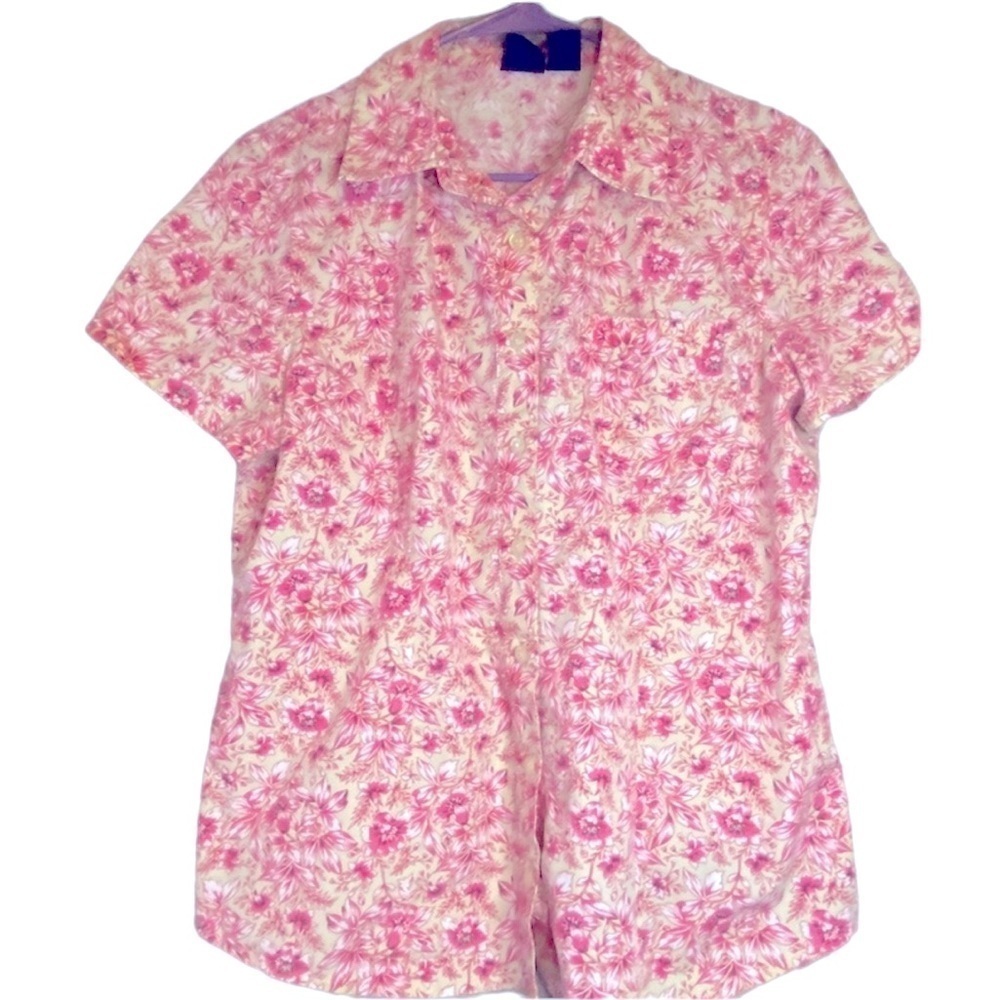 Basic Edition shirt top short sleeve button down collared blouse Sz L  H-14